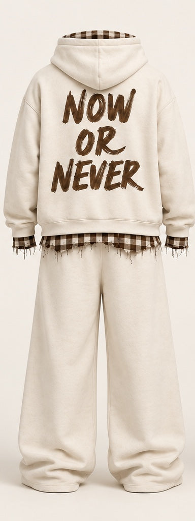 Monaco Set in beige — back view with NOW OR NEVER print #color-beige