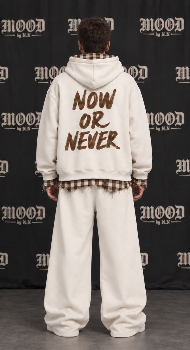 Monaco Set in beige on a model, back view with NOW OR NEVER print #color-beige
