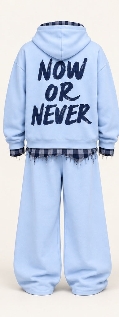 Monaco Set in blue — back view with NOW OR NEVER print #color-blue