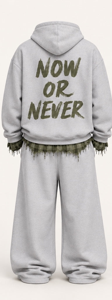 Monaco Set in gray — back view with NOW OR NEVER print #color-gray