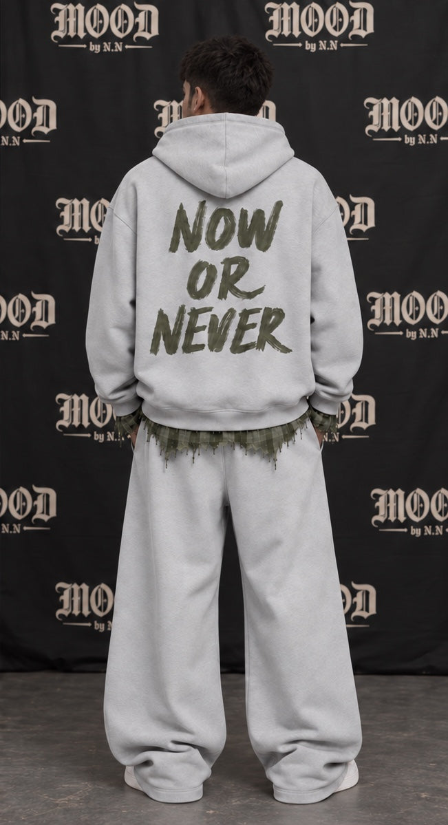 Monaco Set in gray on a model, back view with NOW OR NEVER print #color-gray