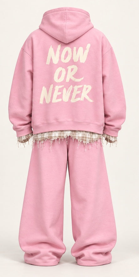 Monaco Set in pink — back view with NOW OR NEVER print #color-pink