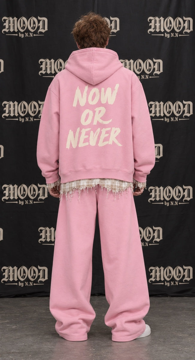 Monaco Set in pink on a model, back view with NOW OR NEVER print #color-pink