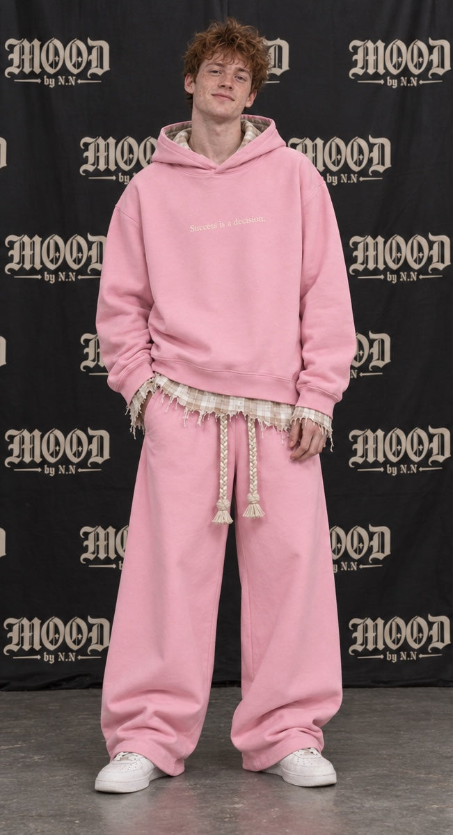 Monaco Set in pink on a model, front view: oversized hoodie with a frayed plaid layer and wide-leg trousers #color-pink